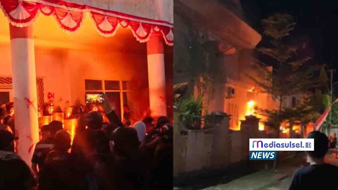 DPRD MAJENE Suasana ricuh di depan Gedung DPRD Majene saat massa aksi melempari batu dan bom molotov, Sabtu (30/8/2025) malam/Istimewa.
