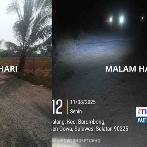 Foto jalan berlubang di Desa Moncobalang pada siang/pagi hari, terlihat warga melintas dengan hati-hati./Photo Bakri mediasulsel.id