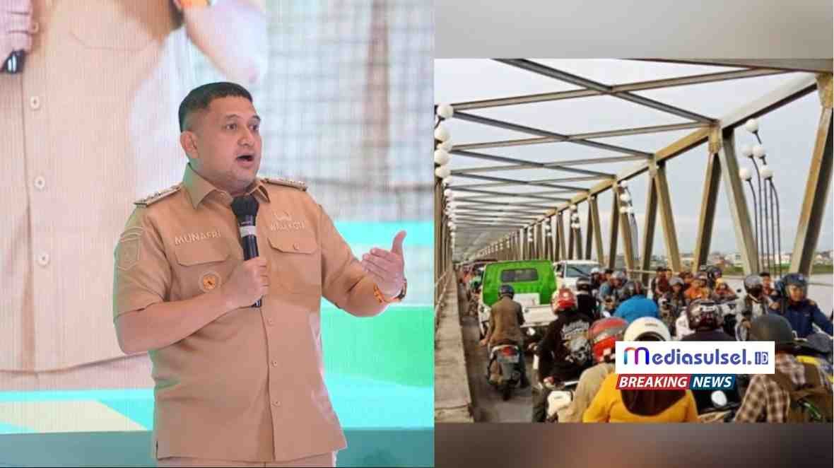 Kiri: Wali Kota Makassar, Munafri Arifuddin, saat menyampaikan pidato dalam Forum International Academic Consortium for Sustainable Cities (IACSC) 2025. Kanan: Kemacetan di Jembatan Barombong saat jam sibuk, yang rencananya akan dibangun jembatan kembar sebagai solusi oleh Pemkot Makassar bersama sektor swasta lokal. (Foto: Dok. Pemkot Makassar)