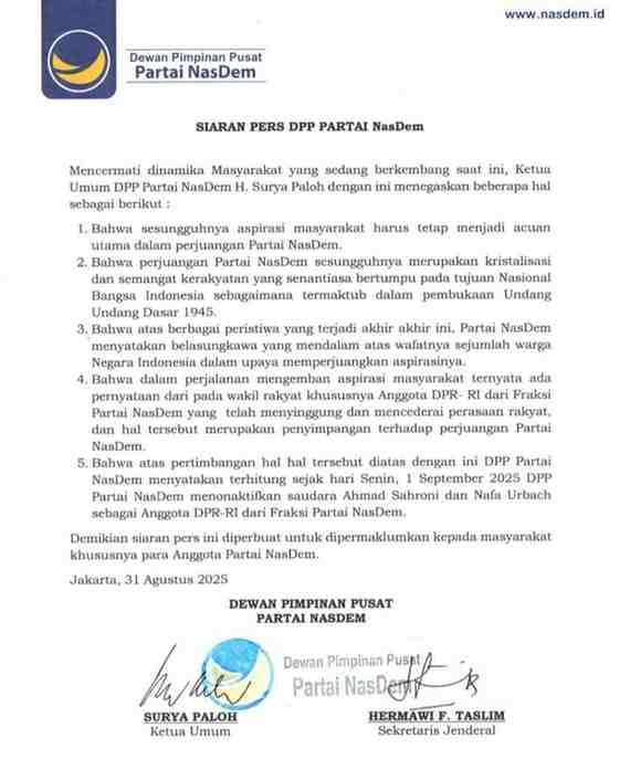 Surya Paloh Pecat Ahmad Sahroni dan Nafa Urbach dari Anggota DPR RI 2 nasdem 1