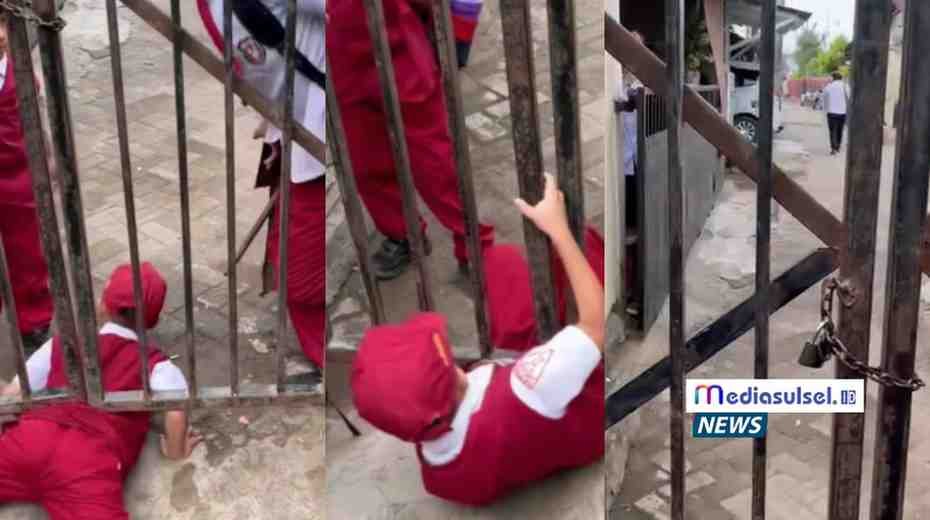 Anak-anak sekolah terpaksa merangkak di bawah pagar Asrama Brimob Pa'baeng-baeng Makassar setelah akses jalan ditutup.
