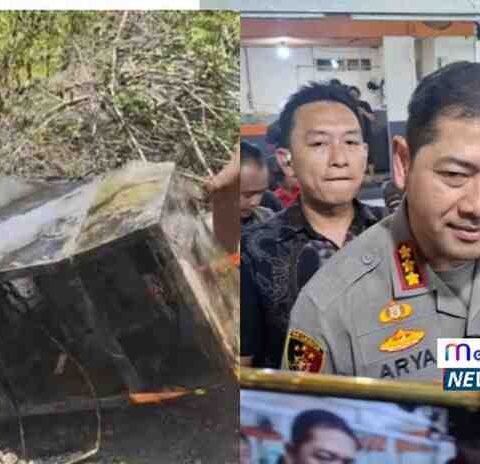 Petugas mengangkat barang bukti mesin ATM dari dalam rawa di Kabupaten Gowa (kiri). Kapolrestabes Makassar, Kombes Pol Arya Perdana, memberikan keterangan pers terkait kasus penjarahan ATM di DPRD Makassar (kanan). Foto: Dok. Jatanras Polrestabes Makassar.
