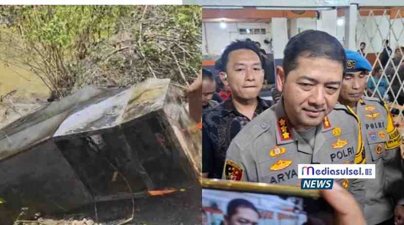 Petugas mengangkat barang bukti mesin ATM dari dalam rawa di Kabupaten Gowa (kiri). Kapolrestabes Makassar, Kombes Pol Arya Perdana, memberikan keterangan pers terkait kasus penjarahan ATM di DPRD Makassar (kanan). Foto: Dok. Jatanras Polrestabes Makassar.