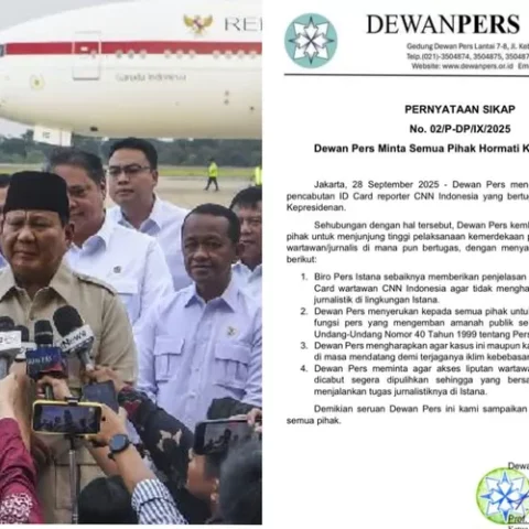Dewan Pers menyampaikan pernyataan resmi meminta Biro Pers Istana mengembalikan ID card liputan jurnalis yang dicabut usai pertanyaan soal dugaan keracunan program MBG kepada Presiden Prabowo.