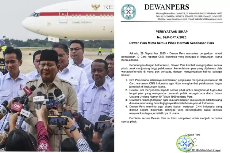 Dewan Pers menyampaikan pernyataan resmi meminta Biro Pers Istana mengembalikan ID card liputan jurnalis yang dicabut usai pertanyaan soal dugaan keracunan program MBG kepada Presiden Prabowo.