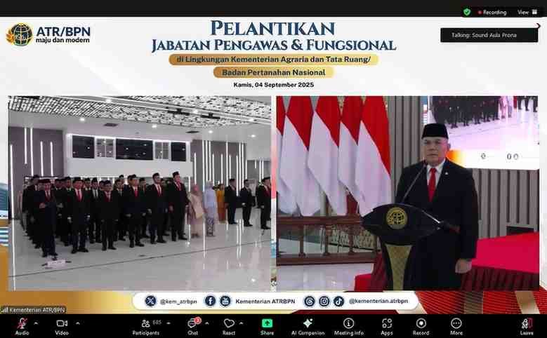 Pelantikan 5 pejabat pengawas Kantor Pertanahan Kota Makassar dilakukan secara daring oleh Wamen ATR/BPN Ossy Dermawan, Kamis (4/9/2025)./IST Pelantikan 5 pejabat pengawas Kantor Pertanahan Kota Makassar dilakukan secara daring oleh Wamen ATR/BPN Ossy Dermawan, Kamis (4/9/2025)./IST