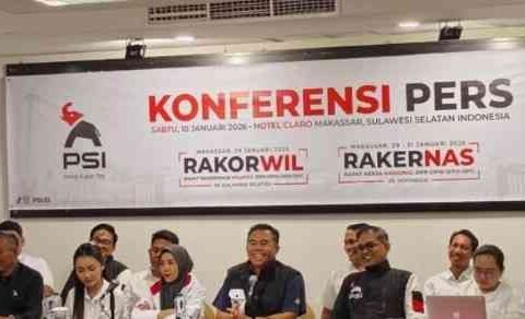 Konferensi pers DPW PSI Sulawesi Selatan jelang Rakernas PSI di Makassar. PSI mengisyaratkan bakal ada elite politik, termasuk kepala daerah, yang diumumkan masuk struktur partai. Sabtu (10/1/2026).