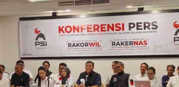 Konferensi pers DPW PSI Sulawesi Selatan jelang Rakernas PSI di Makassar. PSI mengisyaratkan bakal ada elite politik, termasuk kepala daerah, yang diumumkan masuk struktur partai. Sabtu (10/1/2026).