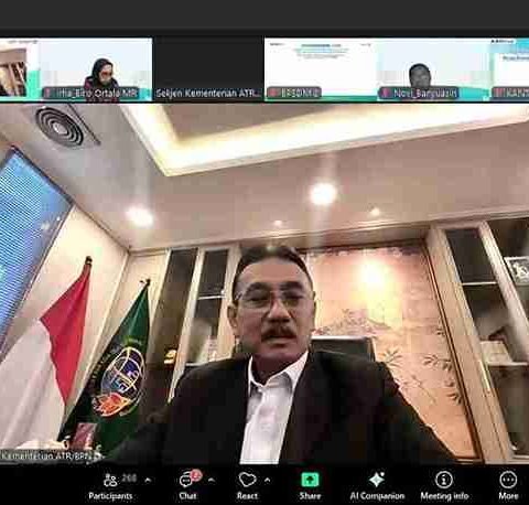 Sekretaris Jenderal ATR/BPN Dalu Agung Darmawan saat memberikan arahan dalam Webinar Nasional Sosialisasi Peraturan Menteri ATR/Kepala BPN Nomor 6 Tahun 2025 tentang Organisasi dan Tata Kerja Kementerian ATR/BPN, Kamis (12/3/2026)