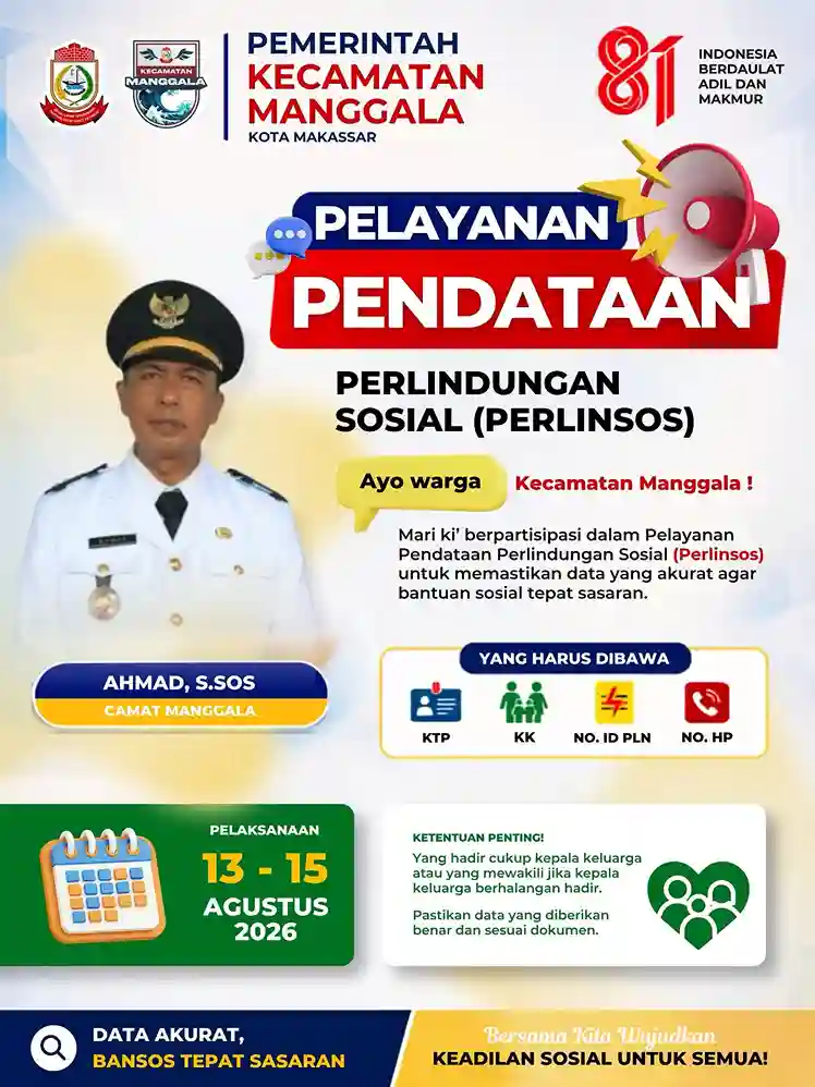 Pemerintah Kecamatan Manggala Ajak Warga Ikut Pendataan Perlinsos 13–15 Agustus 2026 1 Pemerintah Kecamatan Manggala Ajak Warga Ikut Pendataan Perlinsos 13–15 Agustus 2026