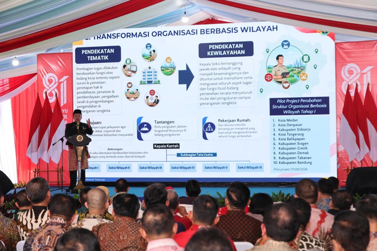 Sepuluh Kantah Terapkan Organisasi Berbasis Wilayah untuk Percepat Layanan Pertanahan 1 Kementerian ATR/BPN menerapkan organisasi berbasis wilayah di 10 kantor pertanahan