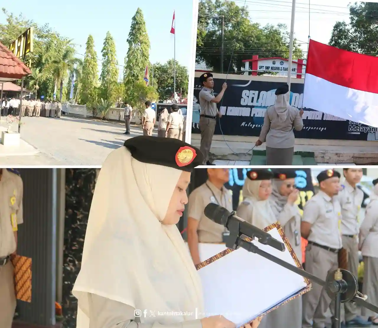 Martini Pimpin Upacara HANTARU 2026 di Kantah Takalar, Layanan Pasti Jadi Tema 1 Kolase upacara HANTARU 2026 di Kantor Pertanahan Takalar, termasuk pengibaran bendera dan pembina upacara