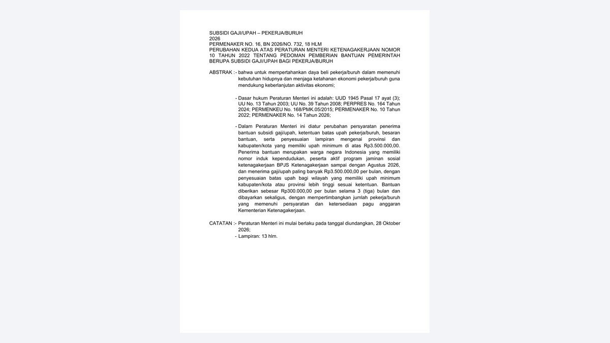 BSU 2026 Rp900 Ribu Dibayar Sekaligus, Ini Syaratnya 1 Abstrak resmi Permenaker Nomor 16 Tahun 2026 tentang Bantuan Subsidi Upah